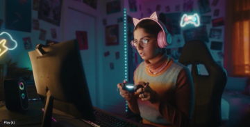 Image de la pub EBOX. Une femme dans la vingtaine est assise devant un écran d'ordinateur. Elle a des écouteurs roses ornées d'oreilles de chat, elle porte des lunettes rondes et elle tient une manette de jeu dans ses mains. Elle joue à un jeu vidéo.