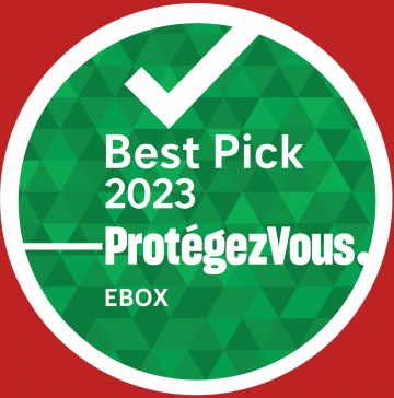 Protégez-Vous seal. A green circle with a white border has text inside. The background is red. The text reads: Best Pick 2023 Protégez-Vous EBOX